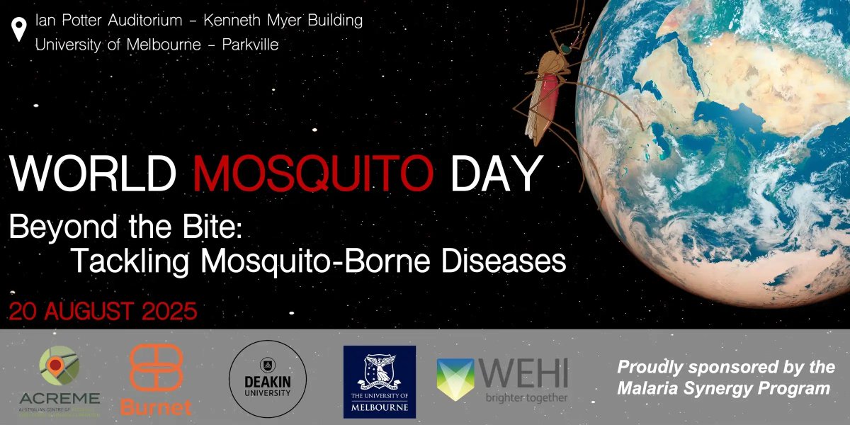 MESA - the malaria knowledge hub (@mesamalaria) on Twitter photo 🗣️ Don't miss the World Mosquito Day Seminar! 🦟
📍 Parkville, VIC, Australia
📅 20 Aug 2025 | 🕥 10:30AM–3PM AEST
🎓 Hosted by <a href="/acreme2030/">ACREME</a>, <a href="/BurnetInstitute/">Burnet Institute</a>, <a href="/Deakin/">Deakin University</a>, <a href="/UniMelb/">University of Melbourne</a> & <a href="/WEHI_research/">WEHI (Walter and Eliza Hall Institute)</a>
🎯 Sponsored by the Malaria Synergy Program
🔗 Info: ow.ly/5ph050WAAzk 🗣️ Don't miss the World Mosquito Day Seminar! 🦟
📍 Parkville, VIC, Australia
📅 20 Aug 2025 | 🕥 10:30AM–3PM AEST
🎓 Hosted by <a href="/acreme2030/">ACREME</a>, <a href="/BurnetInstitute/">Burnet Institute</a>, <a href="/Deakin/">Deakin University</a>, <a href="/UniMelb/">University of Melbourne</a> & <a href="/WEHI_research/">WEHI (Walter and Eliza Hall Institute)</a>
🎯 Sponsored by the Malaria Synergy Program
🔗 Info: ow.ly/5ph050WAAzk