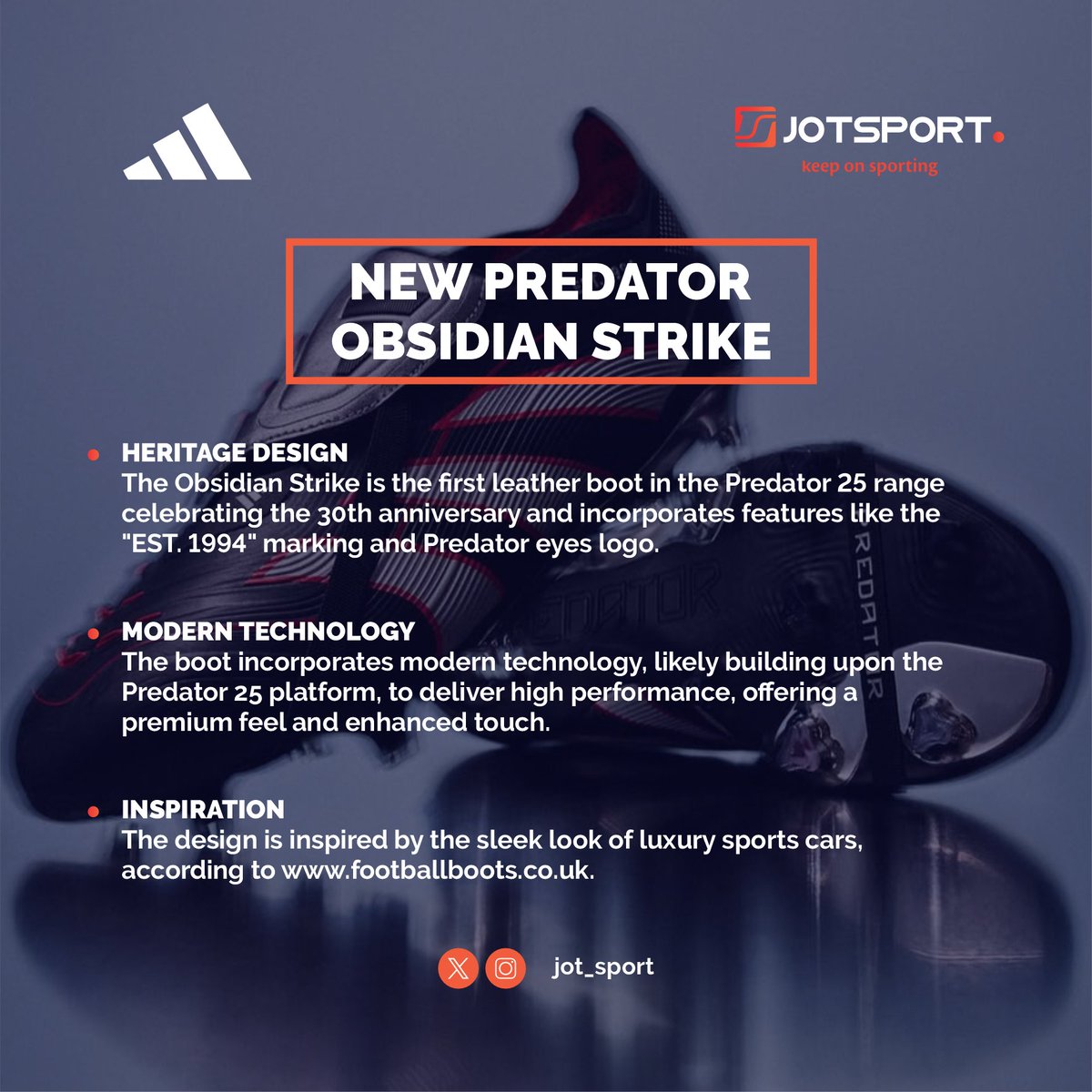Jot_sport's tweet photo. NEW PREDATOR OBSIDIAN STRIKE🔥
What is your view about the boot?
Let us know below👇

#adidasboots
#unisportlife
#predator
#Obsidian https://t.co/IuH5xWoP7v