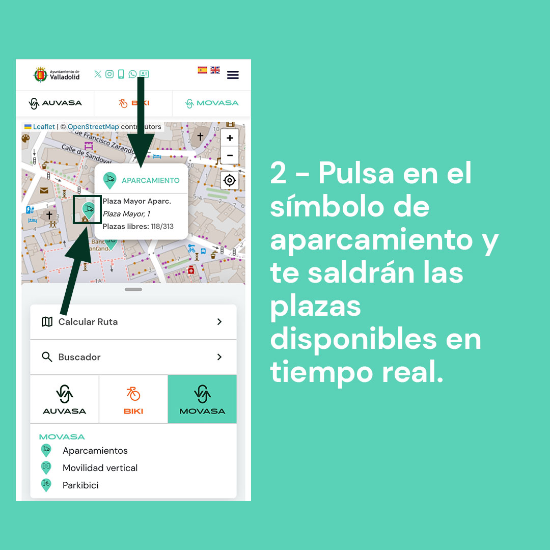 🆕 NOVEDAD

👉 Ya puedes consultar la ocupación en tiempo real de nuestro aparcamiento #PlazaMayor

1⃣ Accede a auvasa.es/mapa-de-servic… y selecciona MOVASA
2⃣ Pulsa en el símbolo del aparcamiento en el mapa y te saldrán las plazas disponibles en tiempo real.