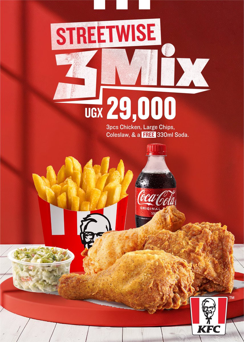 NRG Radio UG (@nrgradioug) on Twitter photo Introducing the Streetwise 3 Mix. A full reload of finger lickn’ goodness.😊
3pcs Chicken, Large Chips, Coleslaw & a FREE 330ml soda, now at UGX 29,000.
Limited time offer.
Order today at your nearest <a href="/KFCinUganda/">KFC Uganda</a>
#KFCStreetwise3Mix | #ItsFingerLickinGood Introducing the Streetwise 3 Mix. A full reload of finger lickn’ goodness.😊
3pcs Chicken, Large Chips, Coleslaw & a FREE 330ml soda, now at UGX 29,000.
Limited time offer.
Order today at your nearest <a href="/KFCinUganda/">KFC Uganda</a>
#KFCStreetwise3Mix | #ItsFingerLickinGood