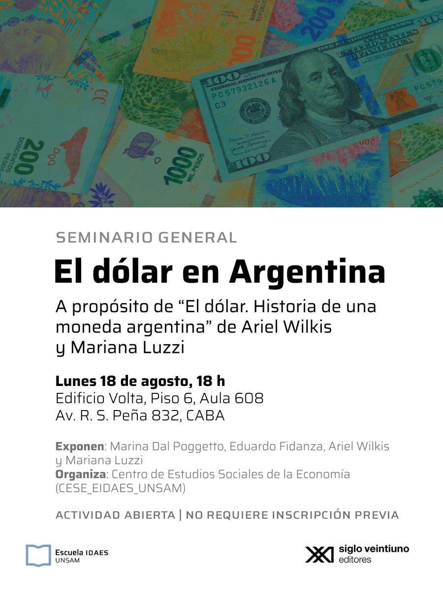 Escuela IDAES | UNSAM (@idaesoficial) on Twitter photo Este lunes conversaremos sobre "El dólar. Historia de una moneda argentina" de <a href="/AWILKIS/">ariel wilkis</a> y <a href="/LuzziMariana/">Mariana Luzzi 💚</a> junto a <a href="/mdalpog/">Marina Dal Poggetto</a> (Directora Ejecutiva de <a href="/EcoGoConsultor1/">@EcoGo Consultores</a>) y Eduardo Fidanza (Director de <a href="/Poliarquia_/">Poliarquía Consultores</a> ). Organiza: <a href="/ceseidaes/">Centro de Estudios Sociales de la Economía</a>. ¡Lxs esperamos! ✨ Este lunes conversaremos sobre "El dólar. Historia de una moneda argentina" de <a href="/AWILKIS/">ariel wilkis</a> y <a href="/LuzziMariana/">Mariana Luzzi 💚</a> junto a <a href="/mdalpog/">Marina Dal Poggetto</a> (Directora Ejecutiva de <a href="/EcoGoConsultor1/">@EcoGo Consultores</a>) y Eduardo Fidanza (Director de <a href="/Poliarquia_/">Poliarquía Consultores</a> ). Organiza: <a href="/ceseidaes/">Centro de Estudios Sociales de la Economía</a>. ¡Lxs esperamos! ✨