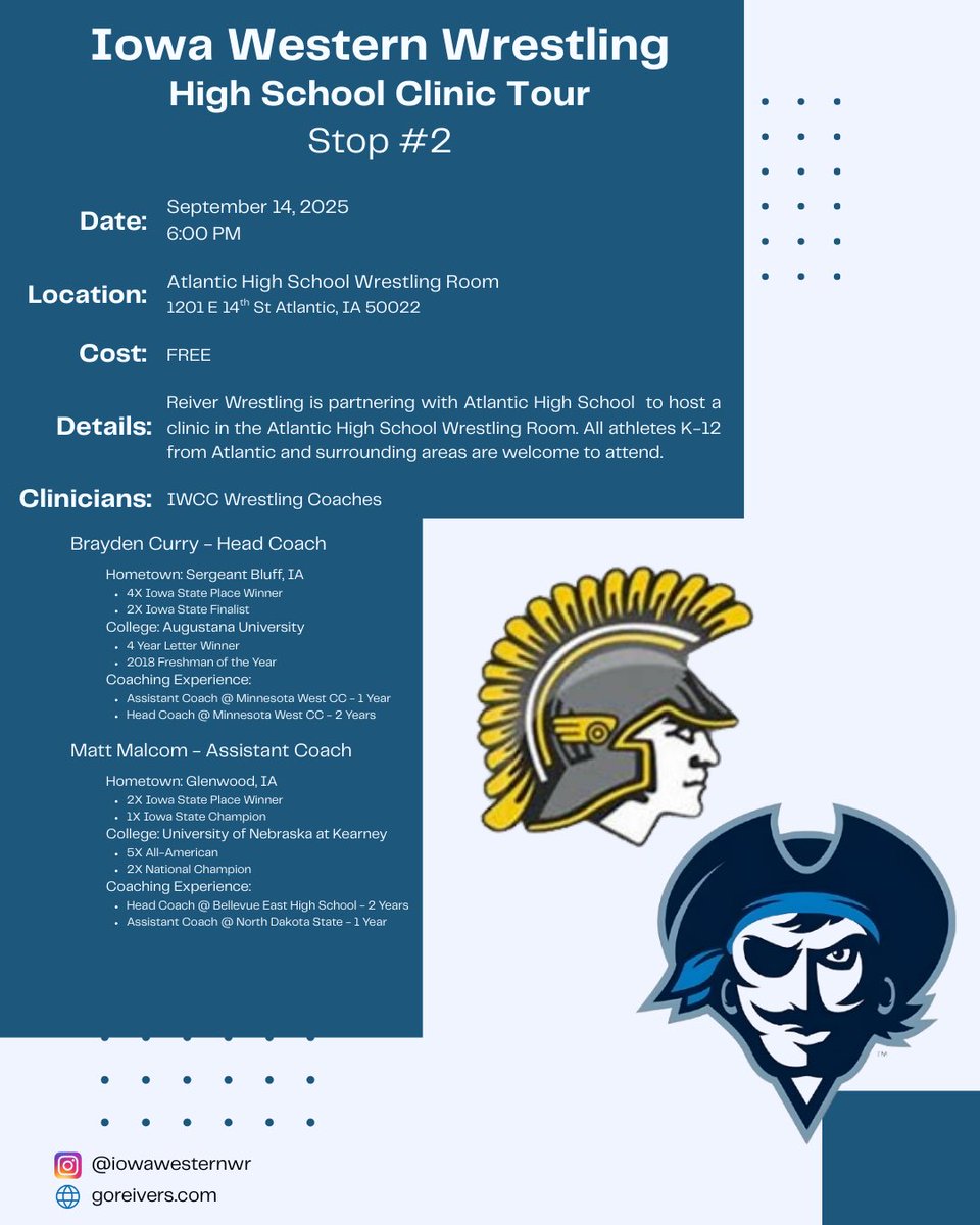 Stop number 2 on the ”Iowa Western Clinic Tour” will be in Atlantic!!!  
Mark your calendars for September 14th. 
Free clinic!
Open to ALL area wrestlers!
Great chance to learn from a great staff!