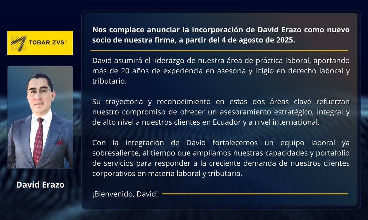 Nos complace anunciar la incorporación de David Erazo como nuevo socio de nuestra firma, a partir del 4 de agosto de 2025.

David asumirá el liderazgo de nuestra área de práctica laboral, aportando más de 20 años de experiencia en asesoría y litigio en derecho laboral y