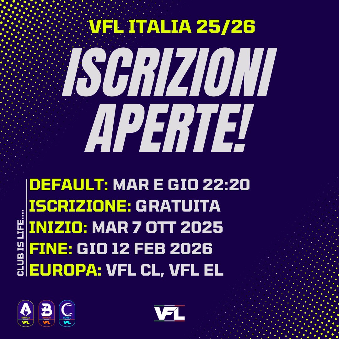 ISCRIZIONI APERTE! 🚨

Torna VFL ITALIA!

Sfida, passione e divertimento ti aspettano: iscrivi il tuo club e scendi in campo per qualificarti alle coppe europee targate VFL!

📍 Default: Mar e Gio 22:20
📃 iscrizione: Gratuita
🔗 Iscriviti ora: iscrizioni.vflitalia.it 

<a href="/TheVFL_/">VFL</a>