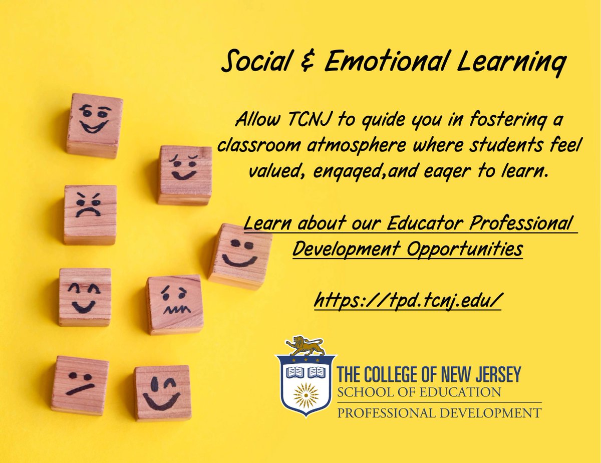 Social &amp; Emotional Learning: Professional Development at TCNJ. Imagine a school where every student and staff member feels valued and motivated.  Together, let’s transform school culture, boost engagement, and foster success that lasts.
tpd.tcnj.edu/social-and-emo…
#tcnj