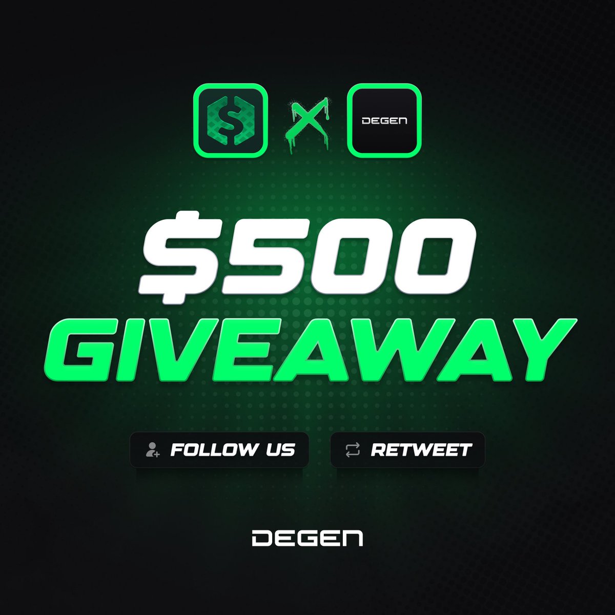 🎁 $500 CRYPTO GIVEAWAY! 🥳 

To enter: 
✅ Follow me &amp; <a href="/degencom/">Degen</a> 
✅ Retweet + Tag your friends
✅ Visit Degen.com/r/vg0

Giveaway ends in 7 days! ⏳
