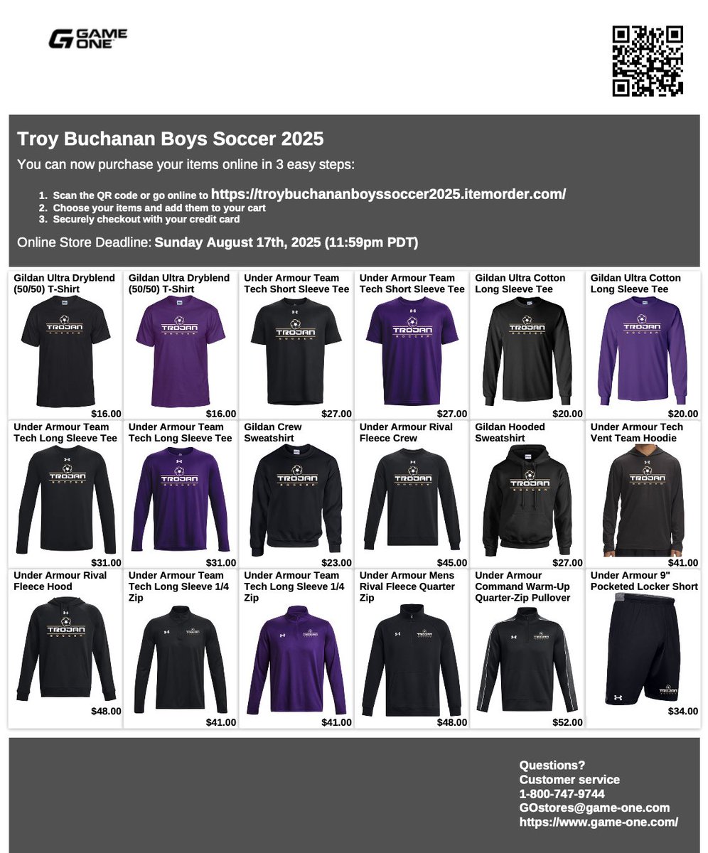 Boys Varsity Schedule &amp; Reminder team store open until 8/17.

Go Trojans!