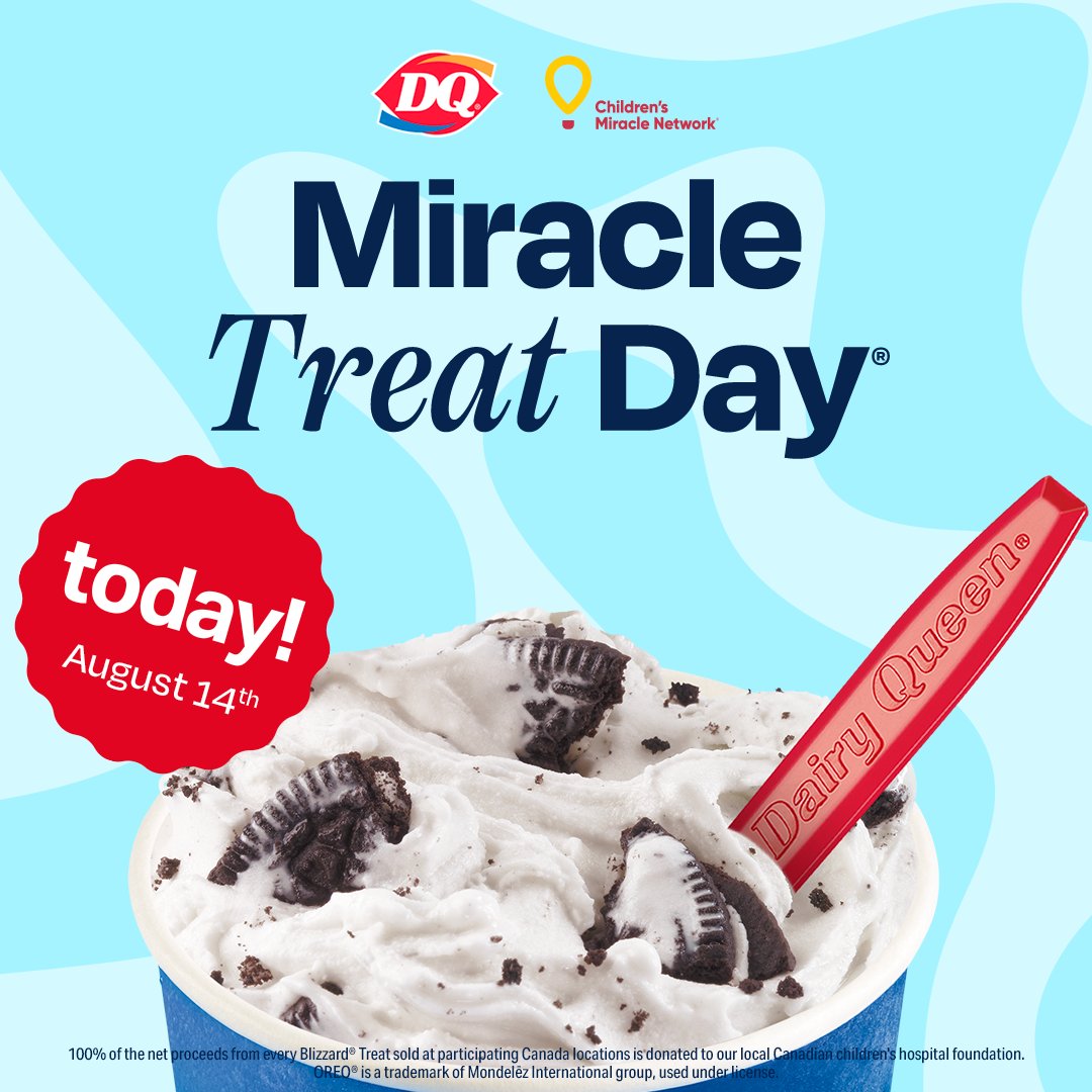 Today’s the day! 🍦💙

Head to your local Dairy Queen and grab a Blizzard® Treat, because today, it’s more than just a treat.

100% of net proceeds from every Blizzard sold will support McMaster Children’s Hospital!