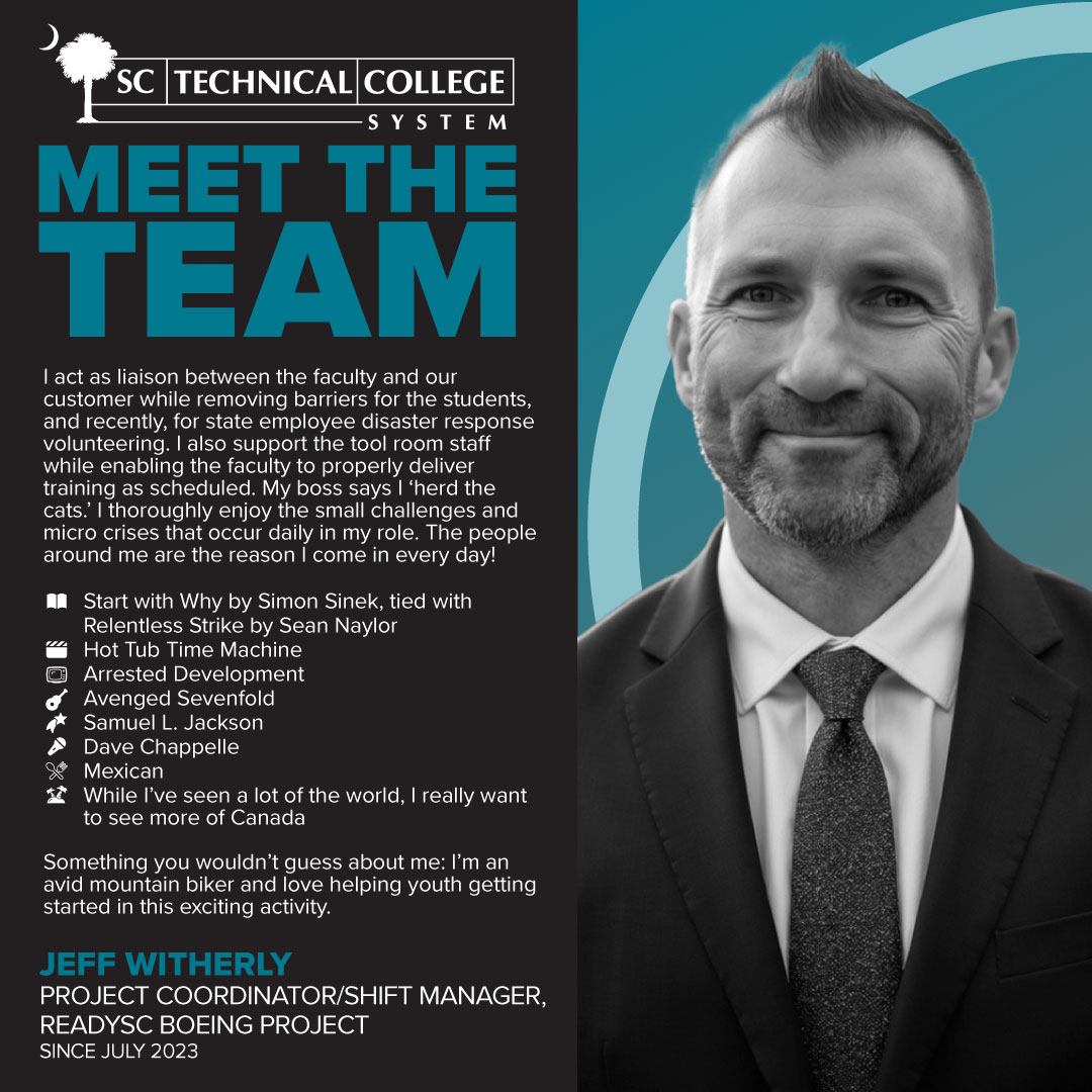 It’s our people who set us apart. Meet the talented team ensuring affordable, accessible, and relevant career and technical education for all South Carolinians!

Presenting readySC Boeing Project Project Coordinator/Shift Manager, Jeff Witherly.

#MeetTheTeam