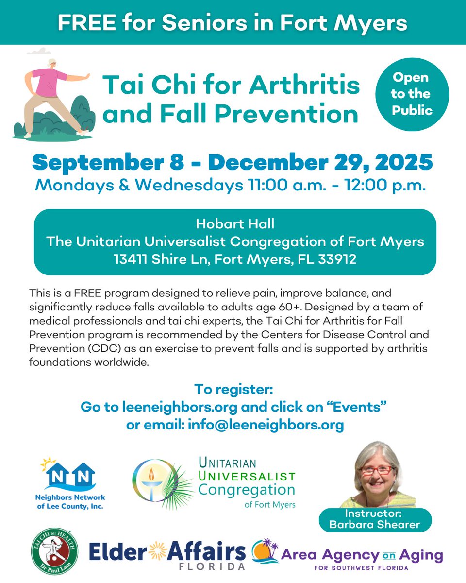 🧘‍♂️ Free Tai Chi for Arthritis &amp; Fall Prevention classes scheduled in Fort Myers for older adults 60+!📅 Mondays &amp; Wednesdays | Sept 8–Dec 29 | 11AM–12PM at Unitarian Universalist Congregation⁠
Register: l8r.it/au56 and click “Events”