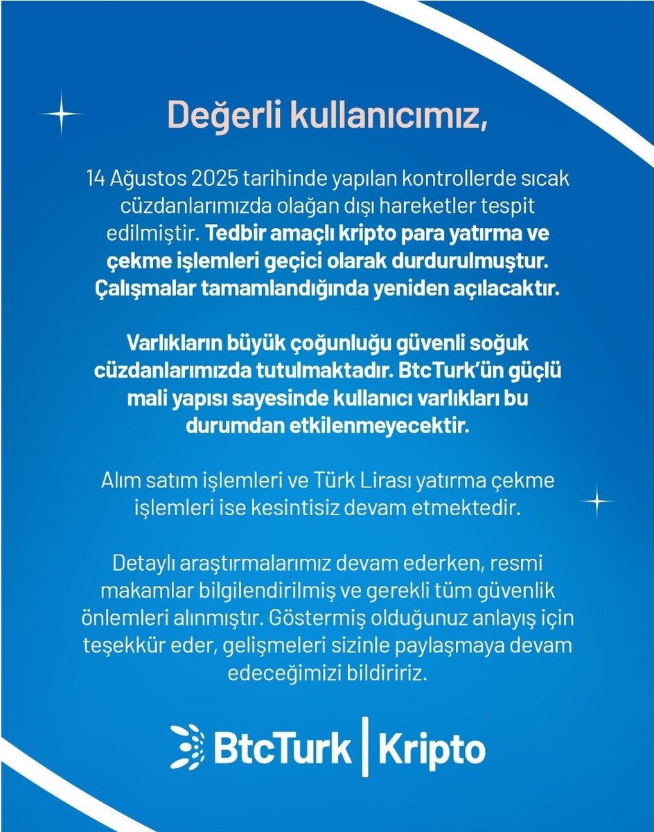 BTC Türk çekim işlemleri devre dışı bırakıldı.

Piyasa düşüyor satan çok  yerine hackleniyoruz önlem aldık demişler