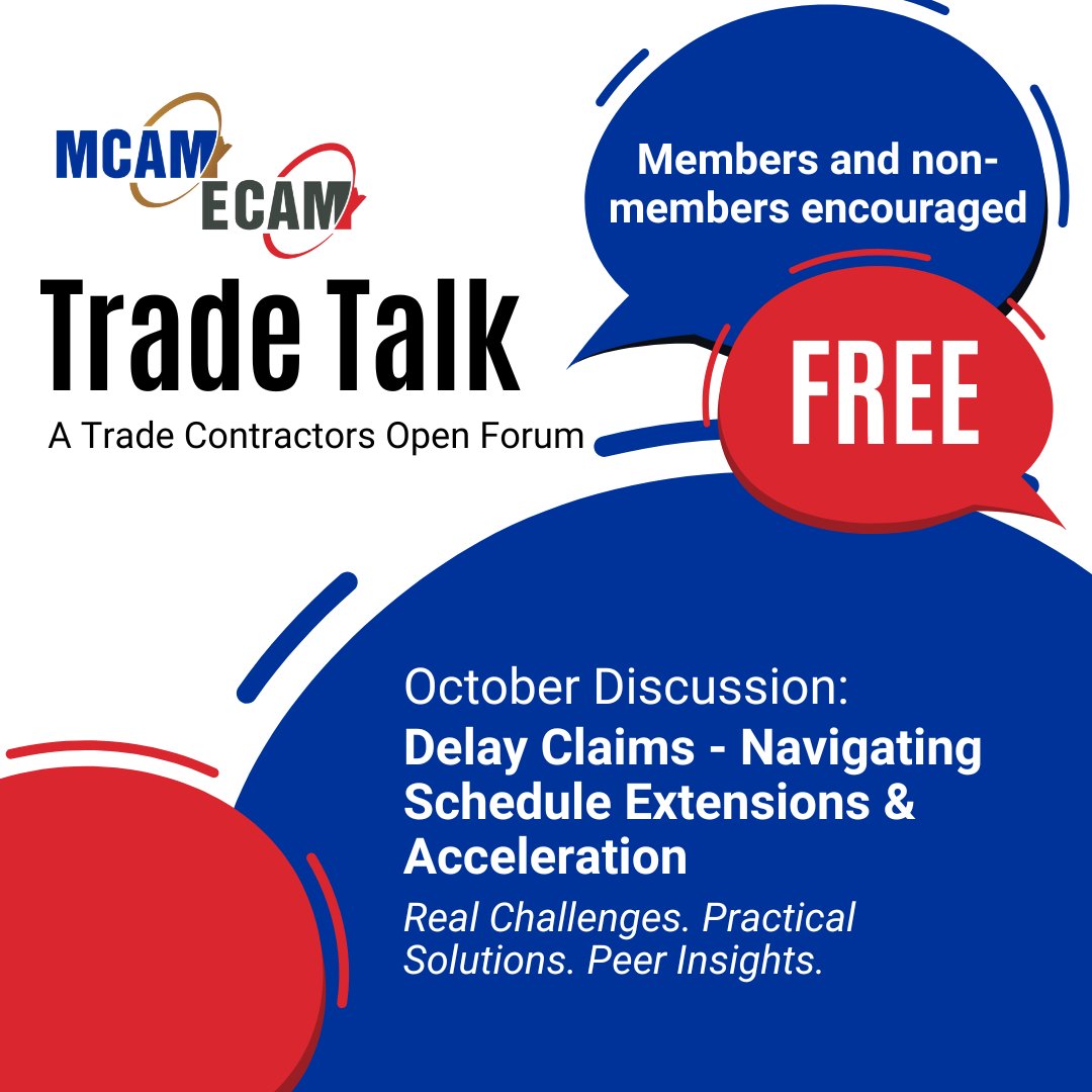 Join us Oct 6, 3:30 to 4:30 PM at the ECAM Office for Trade Talk, a monthly series connecting industry peers.

October’s topic is managing schedule delays and acceleration demands with Shawn Henry, Wescan President.

#TradeTalk #MCAM #ECAM #ConstructionIndustry