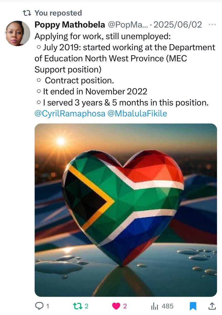 Maybe due to my limited access to the “connected” the bank is taking back their car. At least <a href="/WesBank/">WesBank</a> gave me a year to get my act together. 
<a href="/CyrilRamaphosa/">Cyril Ramaphosa 🇿🇦</a> I hope you listened to how I got dismissed from NW Dept of Education. <a href="/MbalulaFikile/">ANC SECRETARY GENERAL | Fikile Mbalula</a> come up with job creation ideas tu