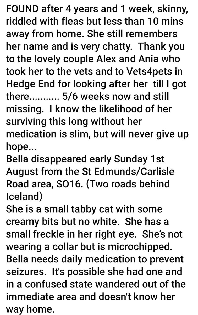 🏡 It's always spectacular when a lost cat is found, but after FOUR years 🥳🎉🎉

Welcome home Bella #REUNITED 

"FOUND after 4 years and 1 week, skinny, riddled with fleas but less than 10 mins away from home. She still remembers her name and is very chatty."