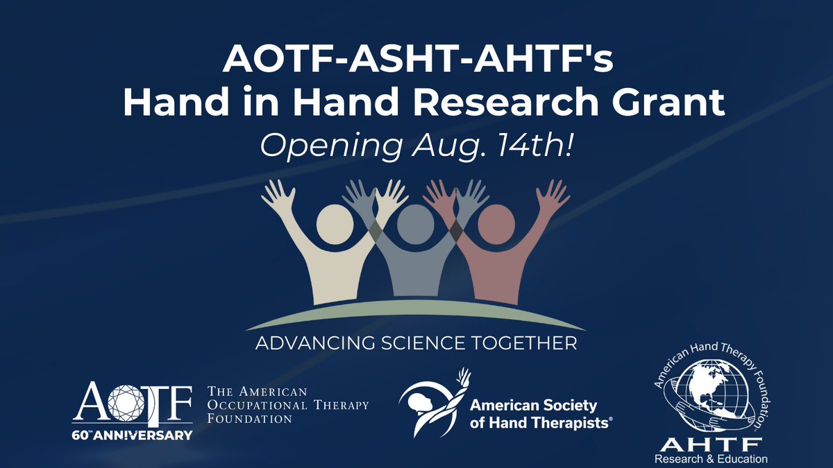 AOTFoundation's tweet photo. 📣 Opening Thursday, Aug. 14th! The AOTF, @HandTherapyASHT, and AHTF have teamed up to launch the new $50K Hand in Hand Research Grant. https://t.co/Qdub0GYdm4
#OTResearch #OccupationalTherapy #CommunityEngagedResearch #handtherapy #handtherapyresearch https://t.co/yQ1ajBn9L2