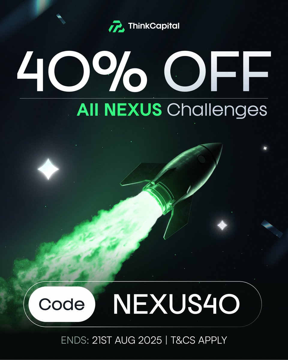 thinkcapitalcom's tweet photo. NEXUS40 is live: 40% OFF all NEXUS challenges. Huge discount, limited time. Now includes MT5 and the ThinkTrader/TradingView platform. Use code NEXUS40. 💚 #NEXUS40 #ThinkCapital #MT5 #ThinkTrader #TradingView https://t.co/xD91nmXJyk