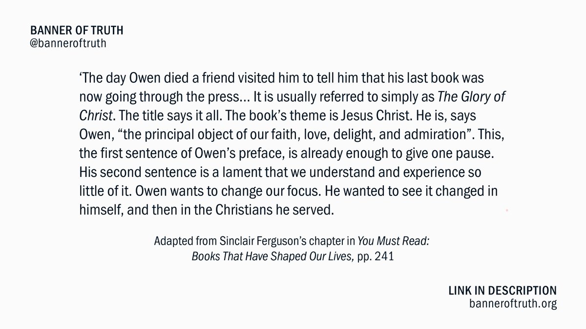 In 'The Glory of Christ', here abridged and made easy to read, we have the great Puritan pastor and theologian John Owen at his richest and most mature. Here he writes about Jesus Christ, the heart of the gospel. Owen himself tells us that the substance of the work began in his