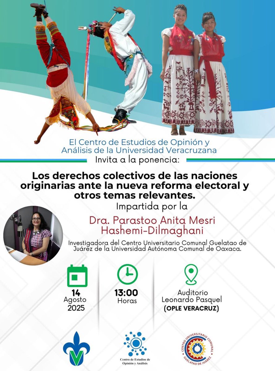 🔉 #AsisteHoy a la ponencia “Los derechos colectivos de las naciones originarias ante la nueva reforma electoral y otros temas relevantes” impartida por la Dra. Parastoo Anita Mesri Hashemi-Dilmaghani.

🕙 13:00 horas
📌 Evento presencial

#CorreLaVoz #CEOA_UV #DerechosColectivos