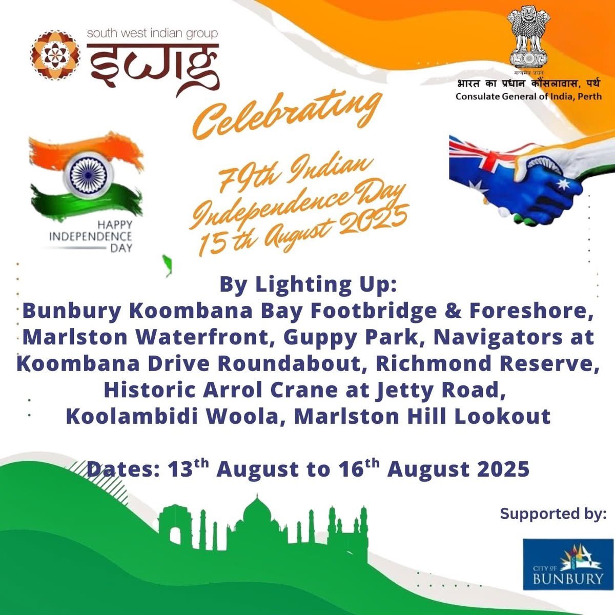 #HarGharTiranga #HarGharTiranga2025 

Celebrating #HarGharTiranga by lighting up  Bunbury Iconic venues in tricolours. Thank you SWIG Bunbury