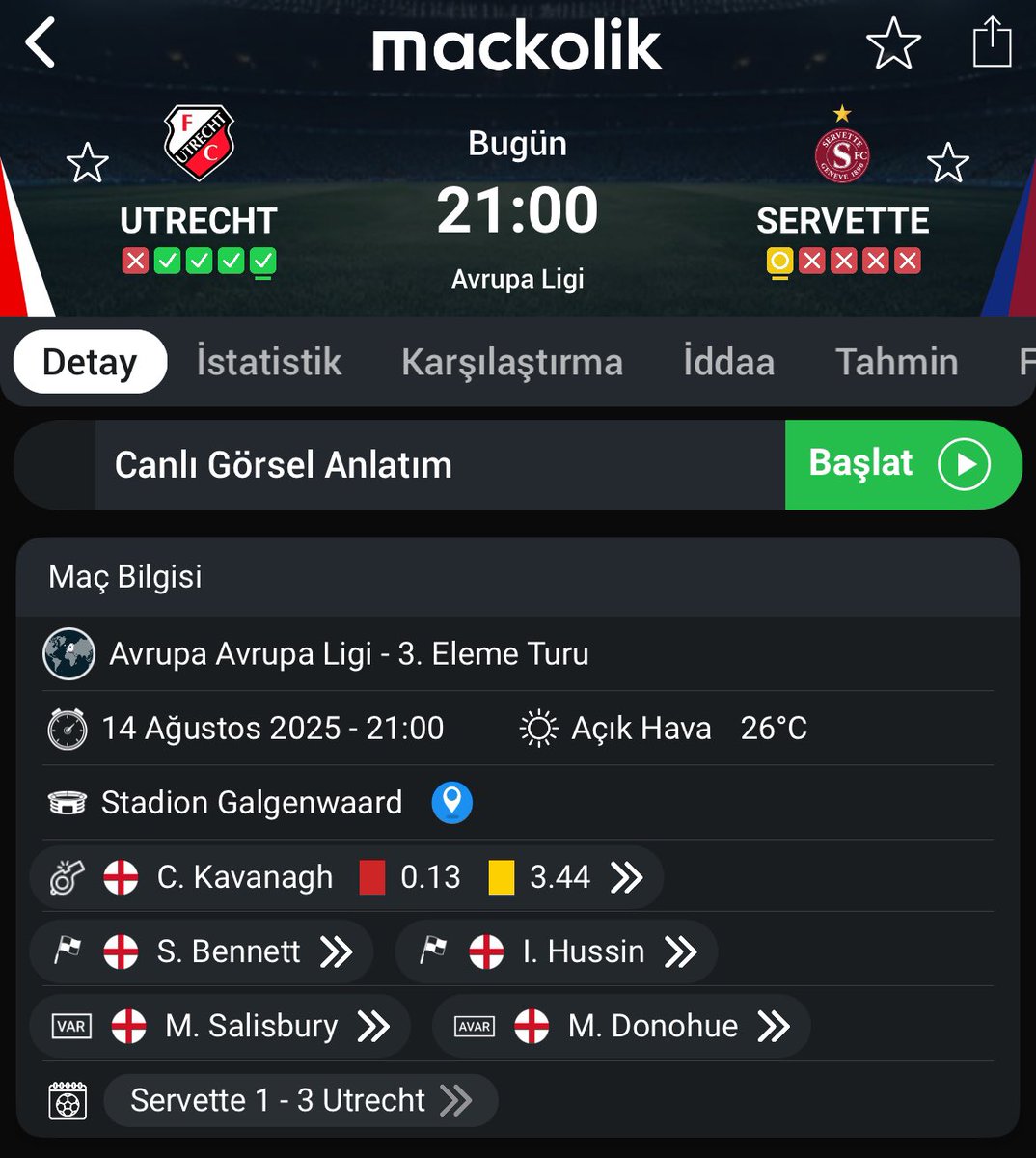 Maç : Utrecht - Servette

⏱ Saat : 21:00

İlk maçtan ev sahibi fişi çekti diyebiliriz. Bu maçta da rotasyon yapabilir fakat iki takımdan da goller bekliyorum. 

🎲 Tahmin : 2.5 Üst

Oran : 1.40