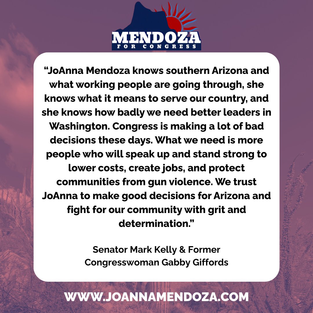 JoAnna Mendoza (@mendoza4az) on Twitter photo 🚨ENDORSEMENT ALERT!🚨So proud to have the support of <a href="/CaptMarkKelly/">Captain Mark Kelly</a> & <a href="/GabbyGiffords/">Gabrielle Giffords</a> - true pillars of Southern Arizona who fight to keep people safe, lower costs, & invest in our communities. Together, we’ll hold Juan Ciscomani accountable and deliver for #AZ06. 🚨ENDORSEMENT ALERT!🚨So proud to have the support of <a href="/CaptMarkKelly/">Captain Mark Kelly</a> & <a href="/GabbyGiffords/">Gabrielle Giffords</a> - true pillars of Southern Arizona who fight to keep people safe, lower costs, & invest in our communities. Together, we’ll hold Juan Ciscomani accountable and deliver for #AZ06.