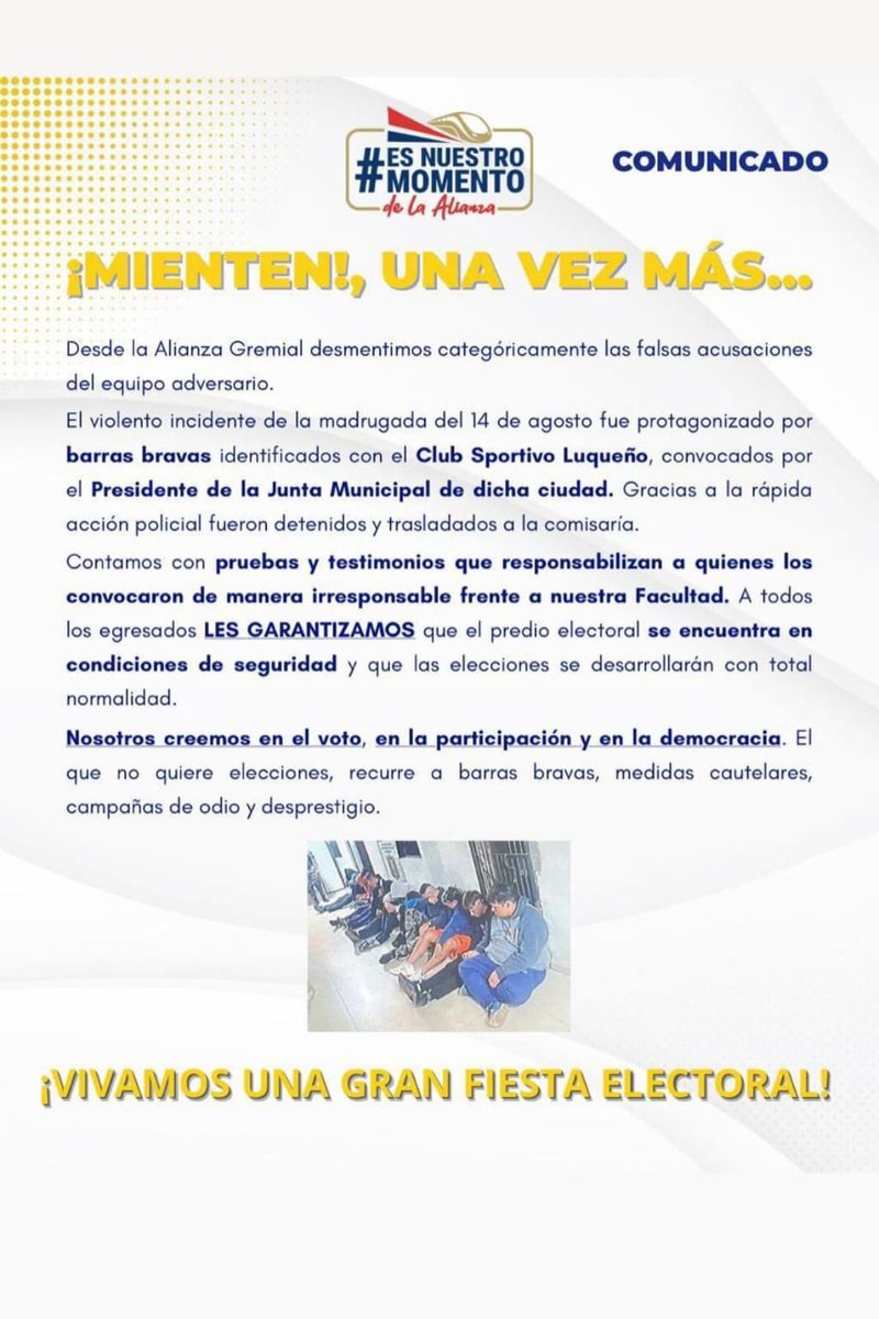 OviedoFidel's tweet photo. La Alianza Gremial de la UN desmiente y niega responsabilidad en hechos violentos, antes de las elecciones y sostiene que las barras bravas están ligadas al sector contrario https://t.co/2Ves6YeJFE