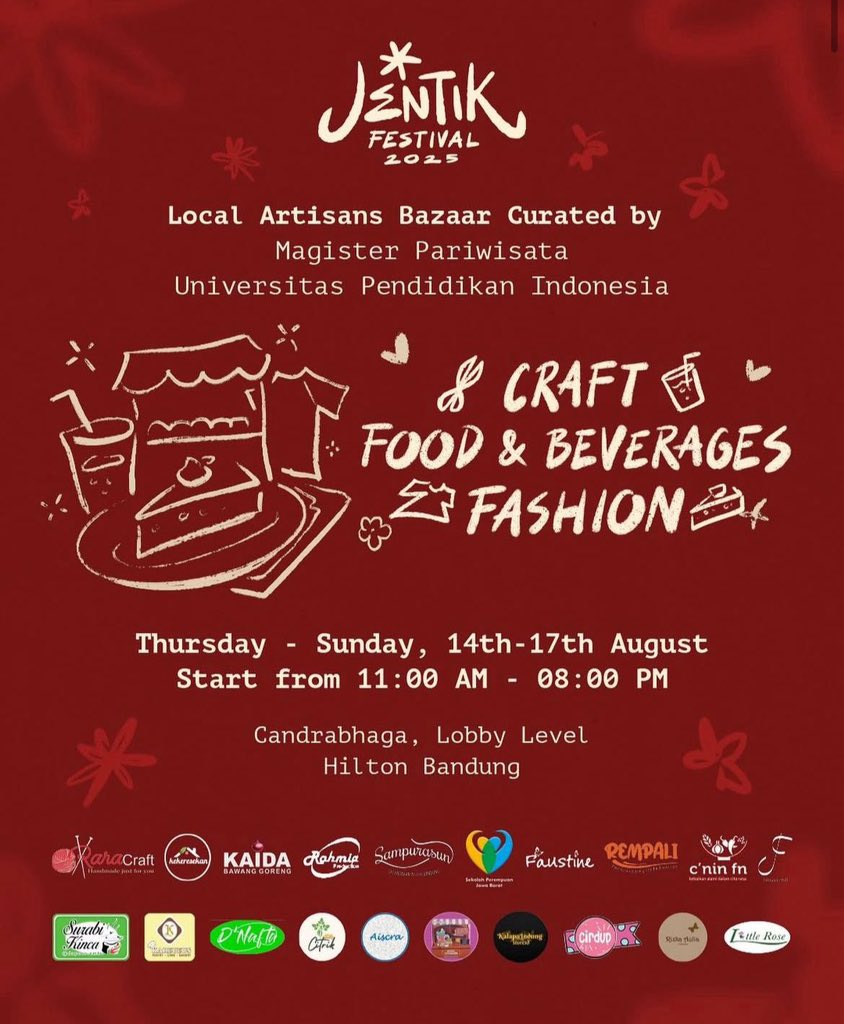 uppifess's tweet photo. [PP]

Discover local crafts, food &amp; fashion at the #LocalArtisansBazaar — 14-17 Aug, Candrabhaga, Lobby Level, Hilton Bandung. Shop small, support local! 🛍️ #SupportLocal #BandungBazaar https://t.co/YLdeE5TeZO