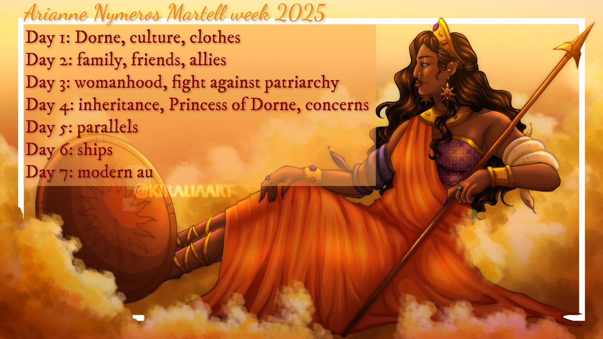 Arianne's week 2025 (@arianneweek25) on Twitter photo We are happy to announce an Arianne Martell week from November 13th to 19th! Arianne is a very underrated character and we wanted to take some time to truly appreciate her.
The hashtag #arianneweek25 will help us find and retweet the posts.
🎨: <a href="/kiraliaart/">ari (commissions open)</a> We are happy to announce an Arianne Martell week from November 13th to 19th! Arianne is a very underrated character and we wanted to take some time to truly appreciate her.
The hashtag #arianneweek25 will help us find and retweet the posts.
🎨: <a href="/kiraliaart/">ari (commissions open)</a>