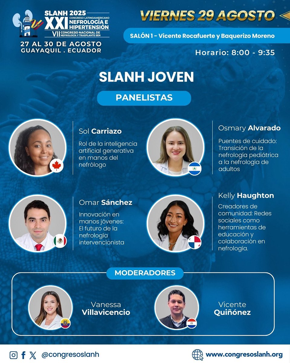 En #SLANH2025, SLANH Joven presenta innovación, IA en nefrología, transición pediátrica-adultos y redes sociales como herramienta educativa. 

📅 29 ago · 08:00 – 09:35 · Guayaquil. 

🌐 congresoslanh.org