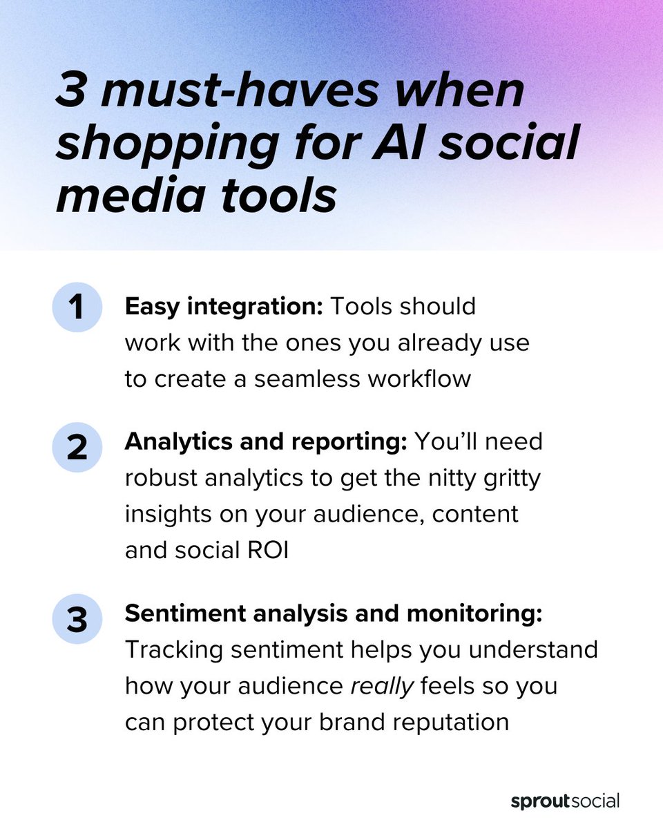 SproutSocial's tweet image. Don't get lost in the hype when choosing AI social media tools.

The right AI can transform your workflow, surface actionable insights, and help your team make smarter, faster decisions. But not all tools are created equal—knowing what to prioritize makes all the difference.…