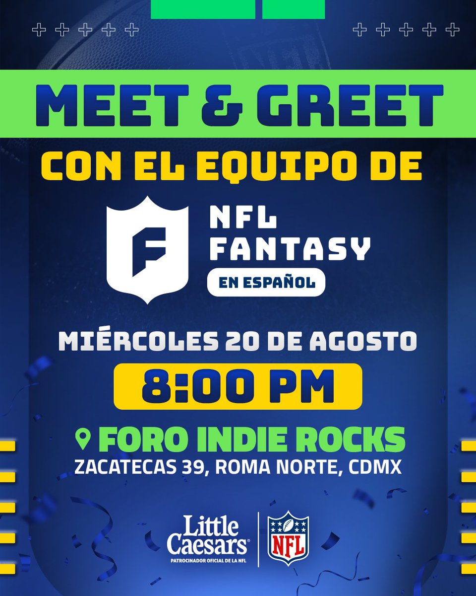 ¡Nos vemos el miércoles 20 de agosto en CDMX!

Meet and greet con parte del talento de <a href="/NFLFantasyEsp/">NFL Fantasy en Español</a>. 

📍 Foro Indie Rocks
🎟 Entrada gratis
⏰️ 8 PM
🍕 <a href="/littlecaesarsmx/">Little Caesars Pizza</a>