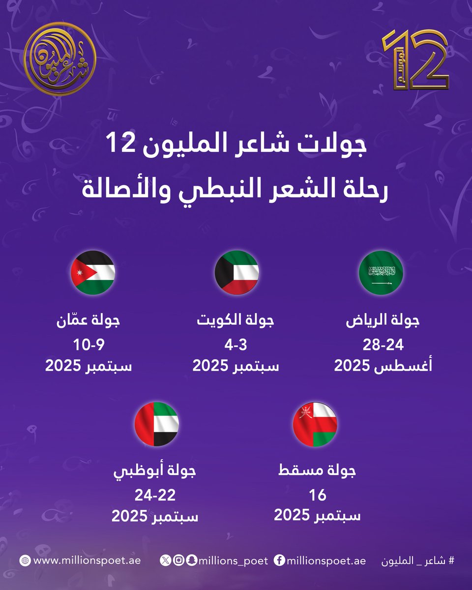 جولات شاعر المليون 12.. رحلة الشعر النبطي والأصالة.
من الرياض إلى الكويت، عمّان، مسقط، وختامها في أبوظبي.
نلتقيكم بالشعر، المتعة، الحلم والإثارة.. قصيدك هويتك، وحضورك يصنع الفرق.

#قصيدنا_واحد #شاعر_المليون_12 #شاعر_المليون #صح_لسانك #درب_البيرق #رحلة_الشعر