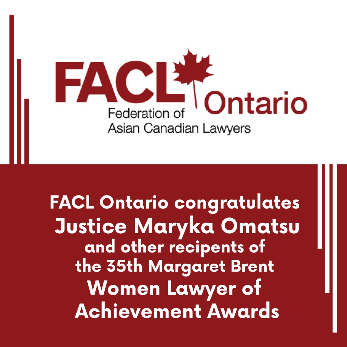 faclOntario's tweet photo. ￼We are proud to sponsor and celebrate an incredible achievement in our community!

Congratulations to Justice Maryka Omatsu, a trailblazer and co-founder of @faclontario, on receiving the 35th Margaret Brent Women Lawyers of Achievement Award from the American Bar Association. https://t.co/iCeYSGkKdL