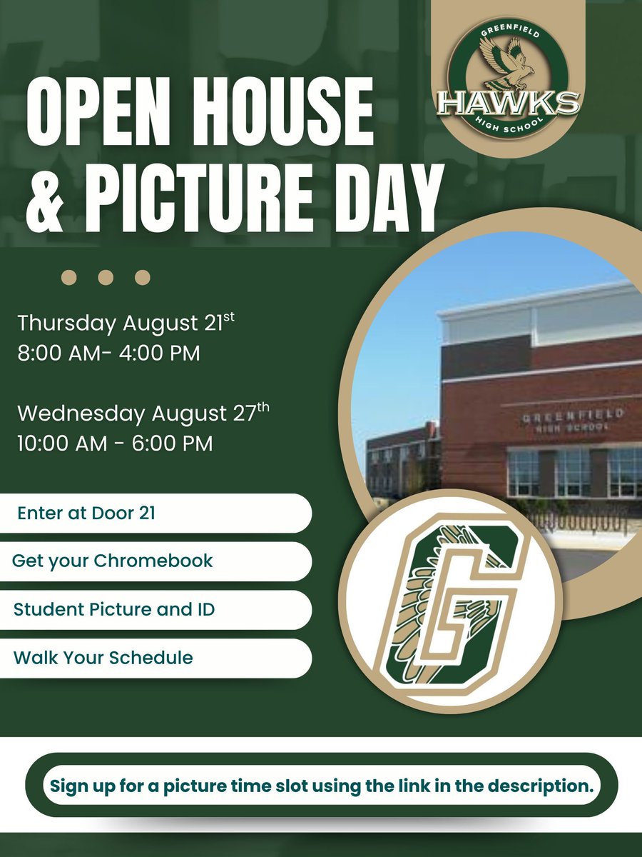 We welcome all families to join us at GHS during one of our open house dates:
Thursday, August 21st 8:00am-4:00pm -OR- Wednesday, August 27th 10:00am-6:00pm 
This is a chance to take student pictures, check out Chromebooks, preview where your classes are, and make connections!
