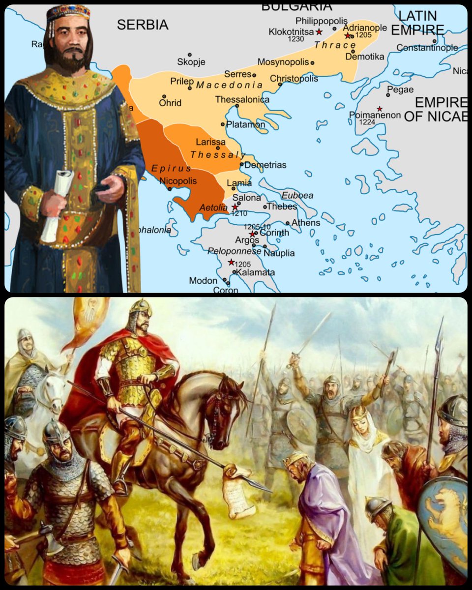 RomeInTheEast's tweet photo. The rise and fall of Epiros

In 1217 Theodore Komnenos Doukas ambushed and captured a Latin Emperor. In 1224 he liberated Thessaloniki, by 1227 he had himself crowned as Roman Emperor!

In 1230 his army was crushed by the Bulgarians, his empire shattered, and he was blinded!🧵