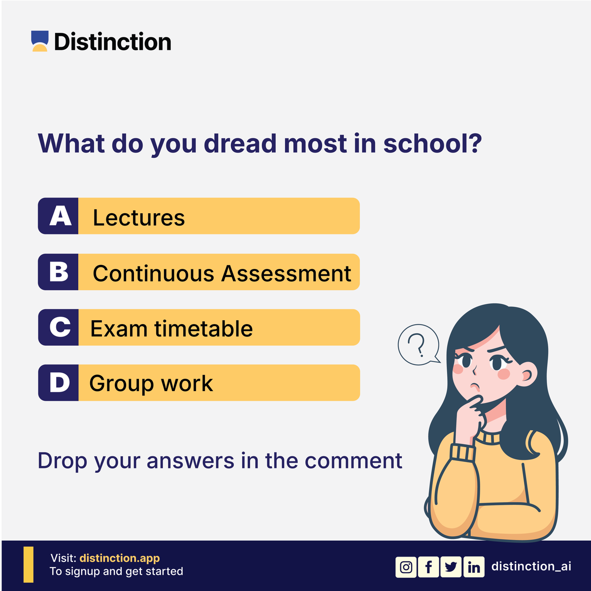 getDistinction's tweet photo. 📊 STUDENT CHOICE!
What do you dread most in school?
React with the correct emoji or drop your answer👇
#CampusTalk #Distinction https://t.co/3gv8ePT0AF