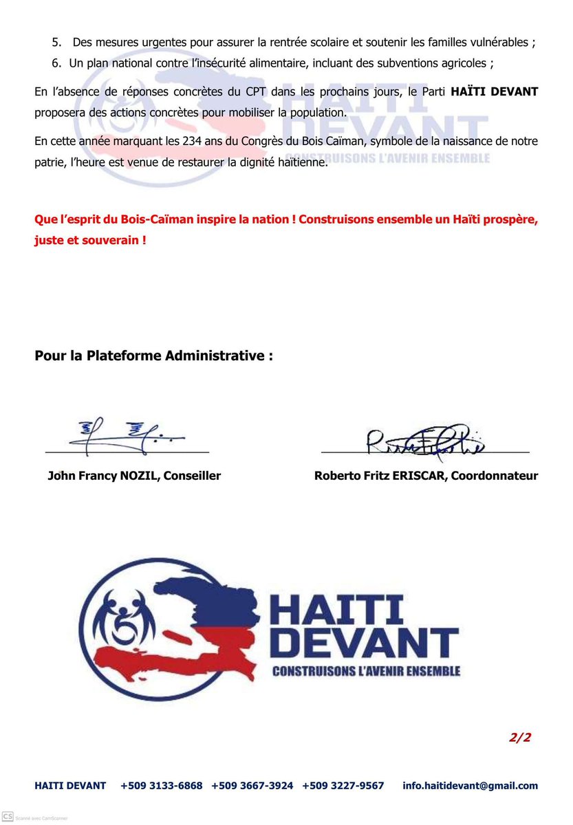 🚨 URGENT!
Dans une note de conjoncture, le Parti HAÏTI DEVANT dresse un bilan sombre de la transition : corruption au CPT, tensions sécuritaires et retards électoraux.
Il propose des solutions malgré l’échec de l’accord du 3 avril 2024 et envisage une mobilisation. #Haïti
