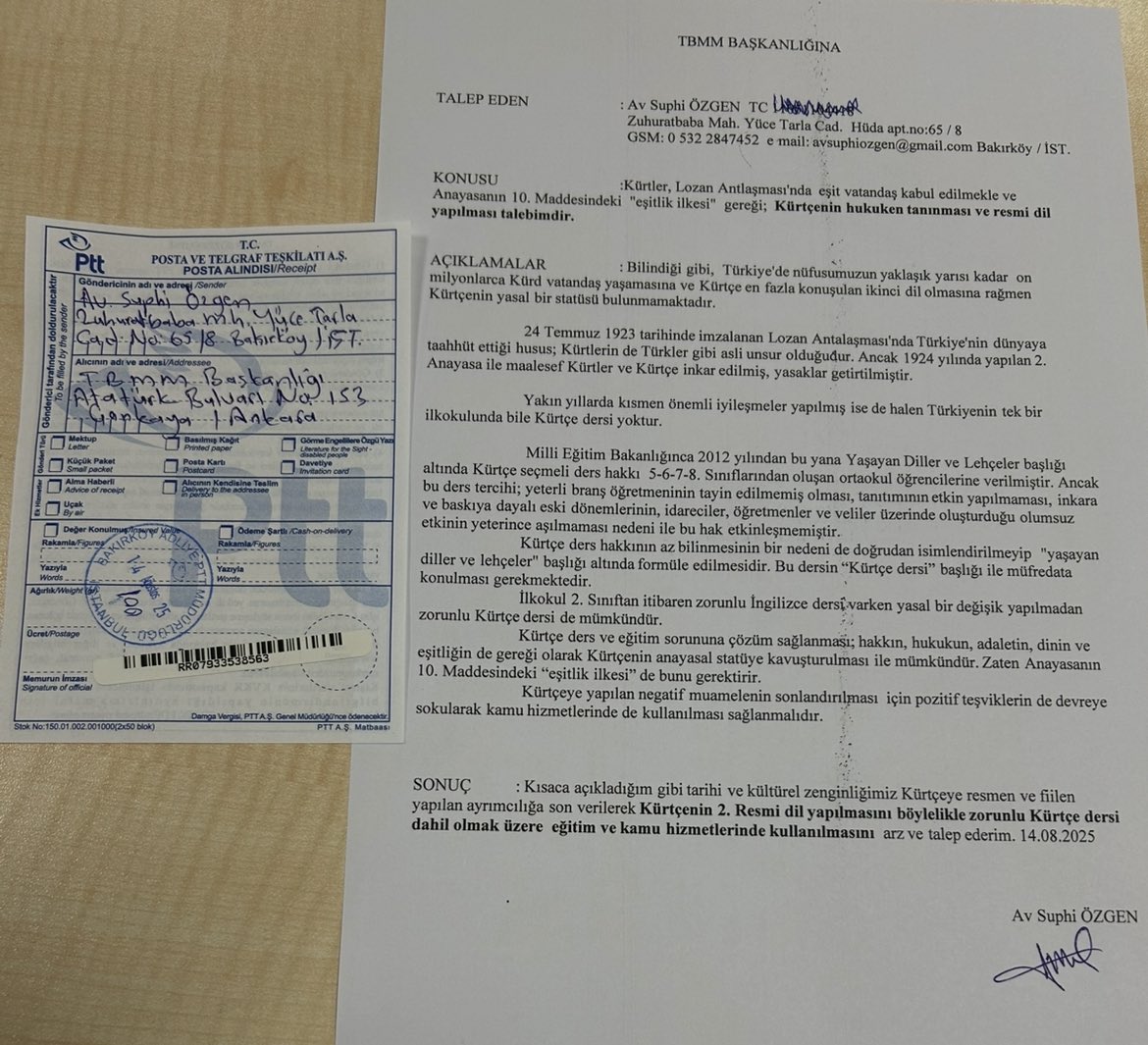 avsuphiozgen's tweet photo. Ev serlêdan, ji bo statûya Kurdî ye: 
Bu başvuru, Kürtçenin yasal statü talebi içindir. 

Sizler, Kürtçenin statüsüzlükten resmi statüye geçmesi için çaba gösteriyor musunuz? 
Eğer gösteriyorsanız neler yapıyorsunuz?

Resmi taleplerimizin cumhurbaşkanlığı ve meclis başkanlığı kayıtlarına geçmesi tarihi önemdedir. 

İsteyenlere ekteki dilekçe içeriğini PDF veya başka yazı formatlarında gönderirim.

Sizler de talep edin.

Lütfen meclis başkanlığına gönderdiğim paylaşım ekindeki yazıyı olabildiğince çok milletvekili ve siyasetçiyi etkileyerek veya doğrudan onlara ulaştırarak; haklı ve hukuki bu talebin hem bilince çıkmasına hem de gerçekleşmesine sizler de katkı sağlayınız.
Daha önce bu içerikte resmi başvurular olmuş ise öğrenmek isterim.

Bu arada gerek şahsen gerek #HezKurd @hez_kurd olarak yaptığımız çalışmalar ve varsa önereceğiniz etkinlikleri de bu paylaşımın altına yazar mısınız.
Birlikte talep edelim, çalışalım ve gerçekleştirelim.

#JiBoKurdîStatûyaFermî
#KürtçeİçinResmiStatü
#MeşaKurdî