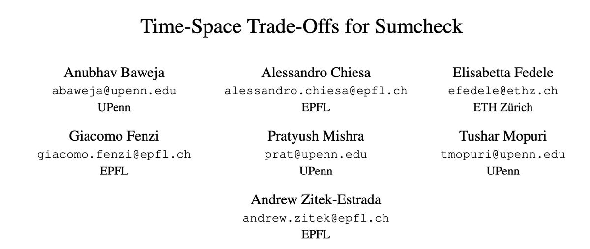Giacomo Fenzi (@giacomofenzi) on Twitter photo Back to actual research…
We present a family of space-efficient sumcheck algorithms, and show that they are optimal! 🍹
Joint work with Anubhav, Ale, <a href="/efedele16/">Elisabetta Fedele</a>, <a href="/zkproofs/">Pratyush Mishra</a>, <a href="/TusharMopuri/">Tushar Mopuri</a> and <a href="/andrewztech/">Andrew Z</a>
📚: ia.cr/2025/1473
🧑🏻💻: github.com/compsec-epfl/s… Back to actual research…
We present a family of space-efficient sumcheck algorithms, and show that they are optimal! 🍹
Joint work with Anubhav, Ale, <a href="/efedele16/">Elisabetta Fedele</a>, <a href="/zkproofs/">Pratyush Mishra</a>, <a href="/TusharMopuri/">Tushar Mopuri</a> and <a href="/andrewztech/">Andrew Z</a>
📚: ia.cr/2025/1473
🧑🏻💻: github.com/compsec-epfl/s…