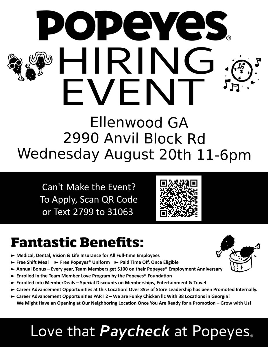 FunkyChickenATL's tweet image. 👉 OPEN Interviews at Popeyes🔥 Join us at Popeyes for a Hiring Event on Wednesday August 20th from 11-6 at our Ellenwood location located at 2990 Anvil Block Rd.  We’re looking for Team Members &amp;amp; Shift Managers to join our crew #ellenwoodGA #AtlantaJobs