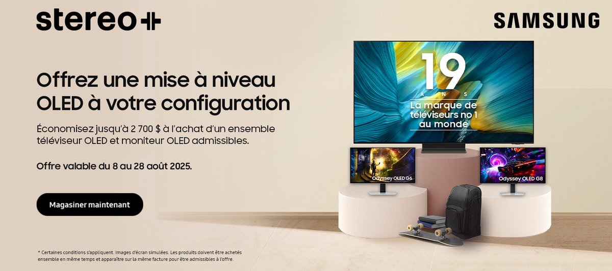 stereoplus's tweet photo. Effectuez l’achat d’un téléviseur OLED Samsung admissible 2025 et d’un moniteur OLED Samsung admissible 2025 et Économisez jusqu'à 2600$. https://t.co/ZyCi67zCyW #Samsung #OLED #StereoPlus https://t.co/NYi68mYMx8
