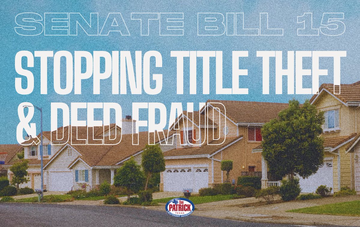 Fraudulent deeds &amp; titles are a direct threat to Texas property owners. By passing SB 15, the Texas Senate has addressed this critical issue. We will pass this bill over &amp; over again, in each #txlege session, until House Dems return from their ‘vacation.' bit.ly/4fy9jmg