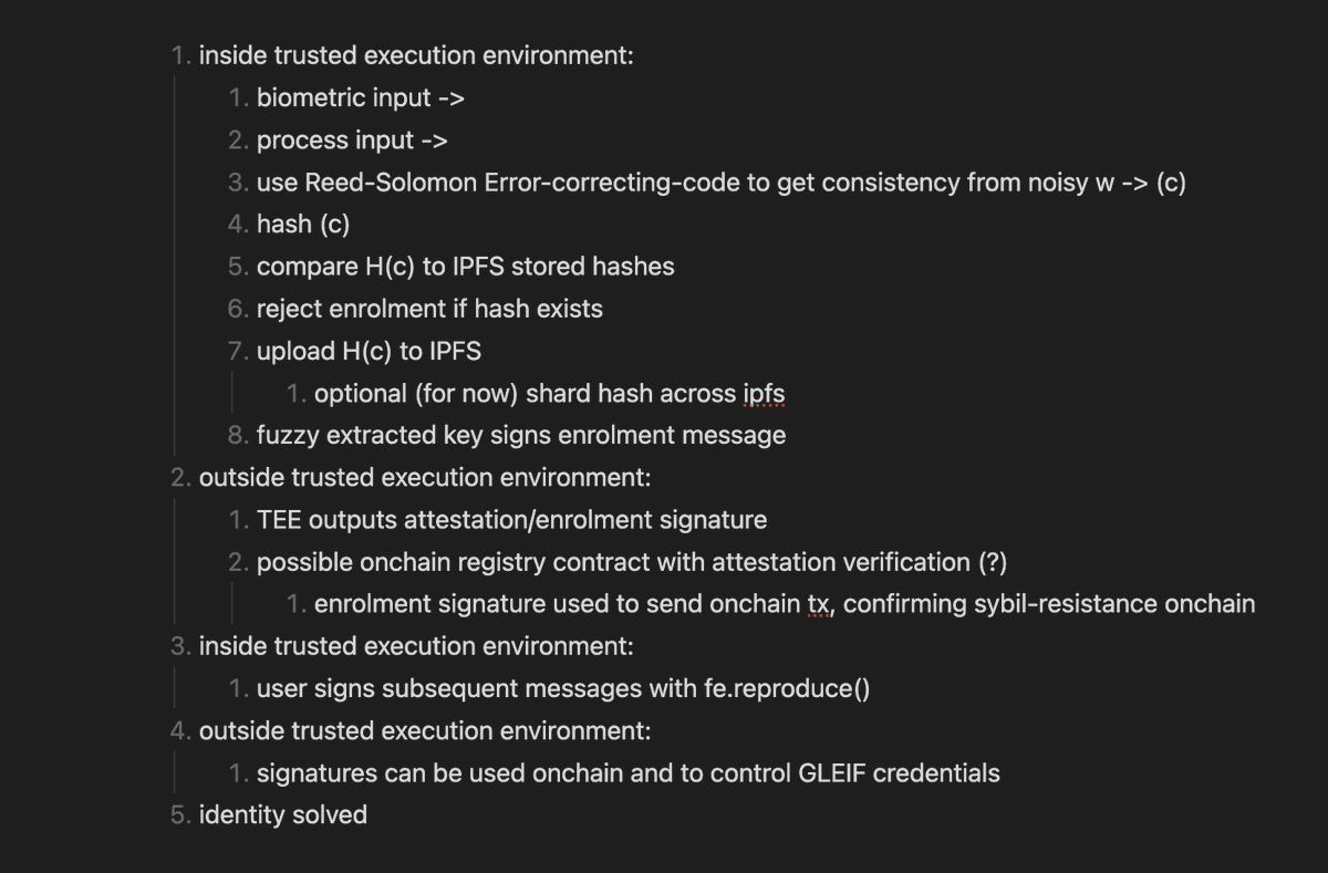 wtf turns out building a decentralized fuzzy extractor is really hard

anyway today we successfully confirmed biometric data can control a GLEIF credential

this image shows the current thesis for achieving absolute sybil-resistance by consensus. research ongoing