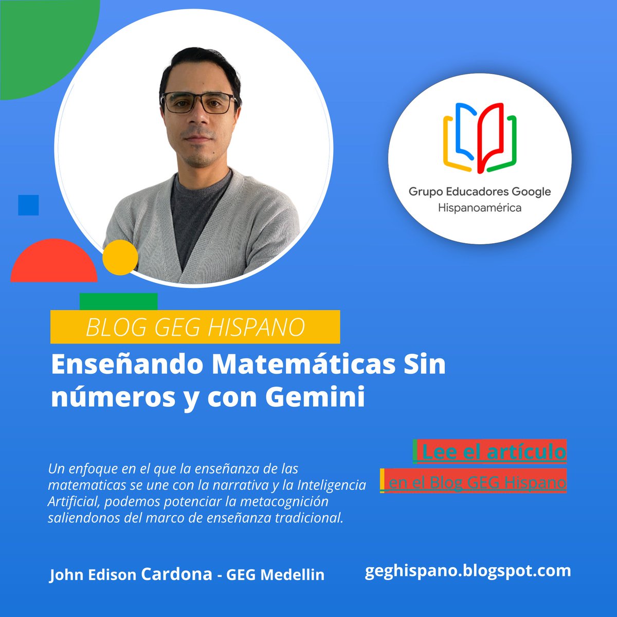 GEG Hispanoamérica (@geghispano) on Twitter photo ¿Matemáticas sin números? 🤯 Nuestro líder del GEG Medellín, John Edison Cardona, nos muestra cómo las herramientas de <a href="/GoogleForEdu/">Google for Education</a> lo hacen posible.
Descubre estrategias innovadoras para sus clases en su nuevo artículo:
👉 geghispano.blogspot.com/2025/08/ensena… ¿Matemáticas sin números? 🤯 Nuestro líder del GEG Medellín, John Edison Cardona, nos muestra cómo las herramientas de <a href="/GoogleForEdu/">Google for Education</a> lo hacen posible.
Descubre estrategias innovadoras para sus clases en su nuevo artículo:
👉 geghispano.blogspot.com/2025/08/ensena…