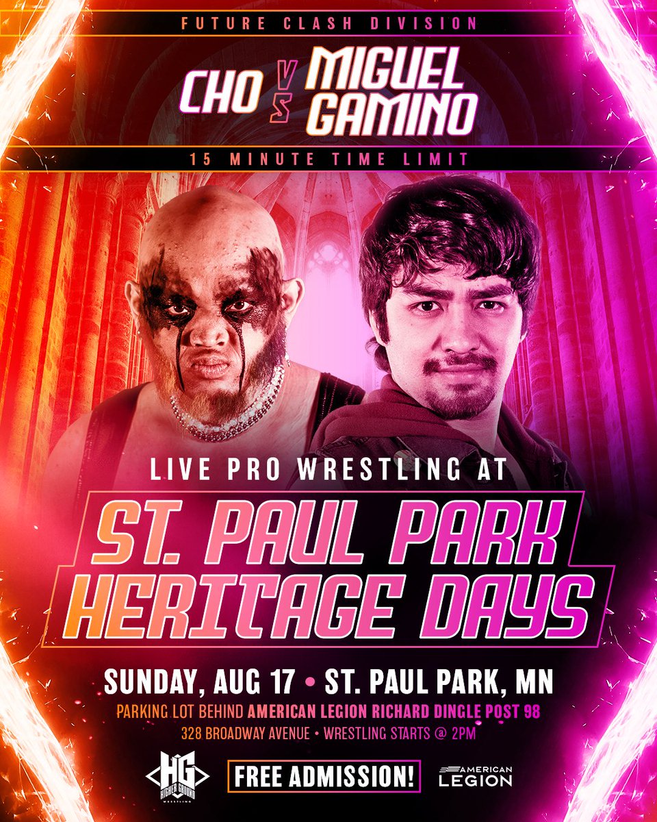 This Sunday in St Paul Park!

Adonis Allen returns!

Jay Marston v Rudy Hell!

Aminah Belmont v Badger Briggs!

Freakshow Cho v Miguel Gamino - &amp; More!

Wrestling Starts at 2 PM behind the American Legion and is FREE as part of St Paul Park Heritage Days!