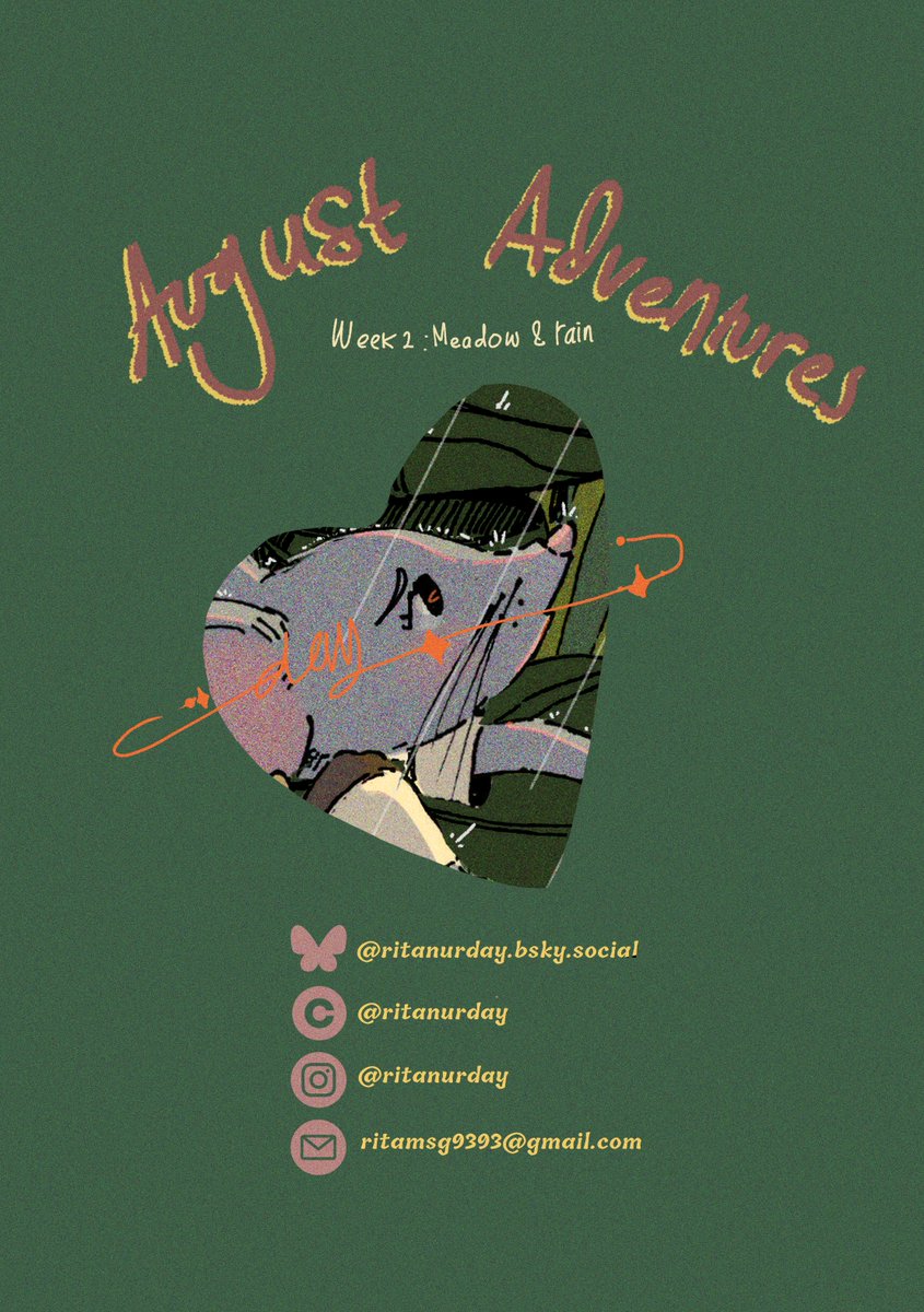 Ritanurday's tweet image. August Adventures
Week 2: meadow &amp;amp; rain

Full illustration on my insta, bsky, and Cara ♥️

#AugustAdventures #AugustAdventures2025
#augustadventures2025week1
#Kidlitart #cuteart #mixmedia