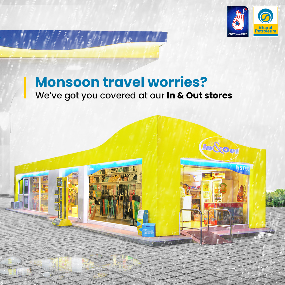 BPCLRetail1's tweet photo. Caught in a downpour?
Swing by BPCL's In & Out Convenience Stores for all your monsoon essentials.
From umbrellas to snacks, we've got everything you need to stay dry and cosy. Visit us today.
#BPCL #InAndOut #PureForSure #ConvienceStore #MonsoonTravel #BPCLretail https://t.co/PZ3xoyaM8Z
