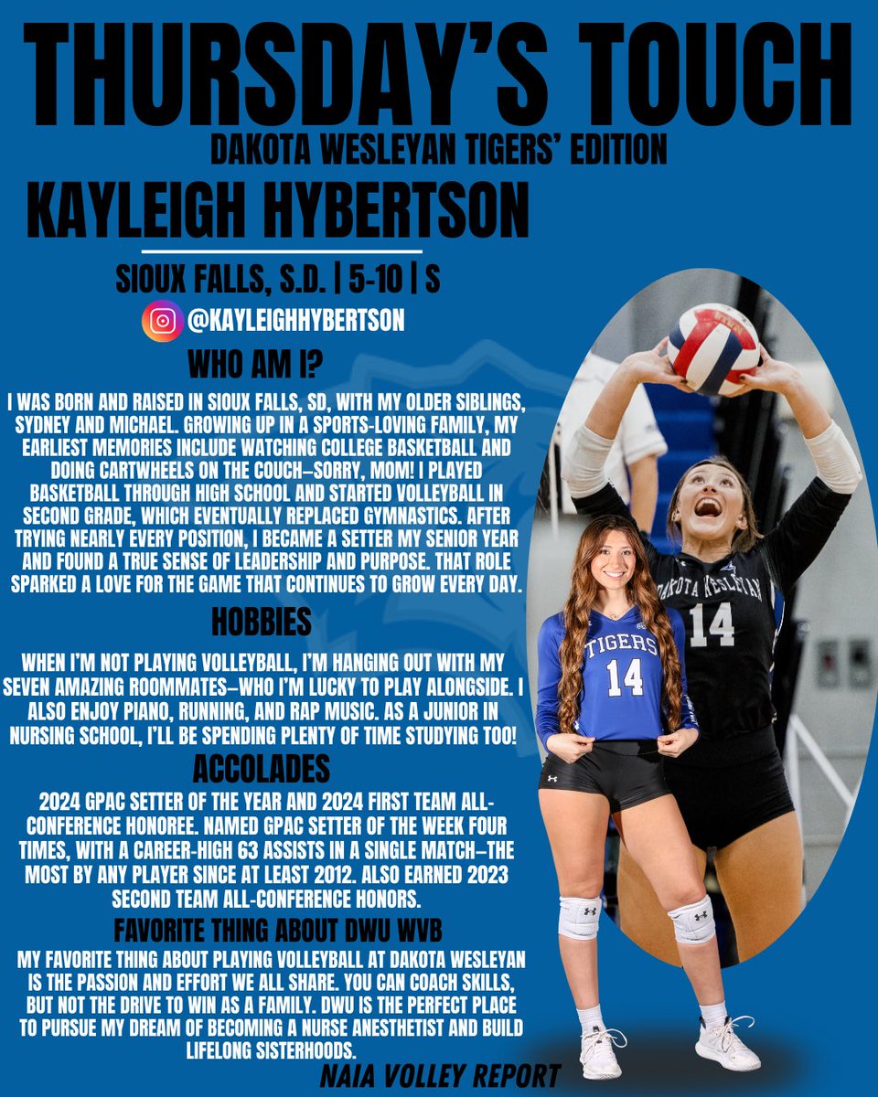 𝗧𝗵𝘂𝗿𝘀𝗱𝗮𝘆’𝘀 𝗧𝗼𝘂𝗰𝗵 — this is a segment where we highlight players from all over the <a href="/NAIA/">NAIA</a>. 

Next, we head to Mitchell, S.D., as we introduce Kayleigh Hybertson!

#NAIAvolleyreport | #NAIAwvb