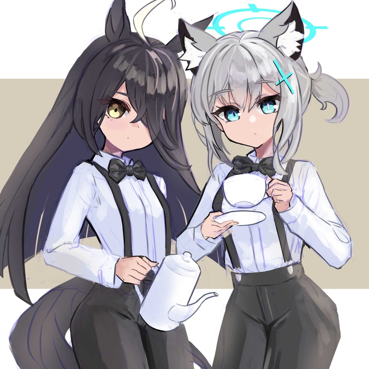 マシュマロから、白い長袖の服、蝶ネクタイ、サスペンダー、スラックスを着て男装をした砂狼シロコとマンハッタンカフェです。リクエストありがとうございます。