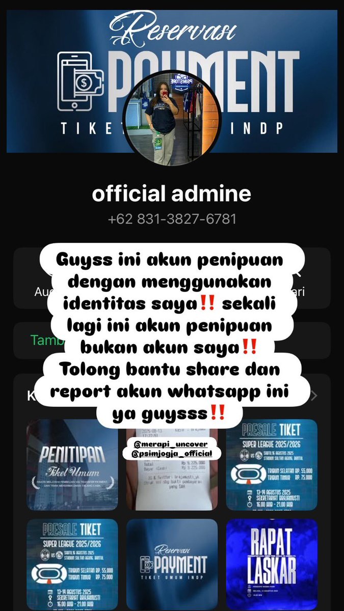 oksawn_08's tweet photo. Halo guyss,tolong kalian lebih berhati2 ya dalam pembelian tiket sepakbola,khususnya psim. Karena ini akun penipu yang menggunakan foto/identitas saya‼️ dibawah ini bukan nomer whatsapp saya dan saya tidak mempunyai rek bni,sekali lagi ini akun penipu dan bukan akun saya‼️ https://t.co/inF9uQqdyf